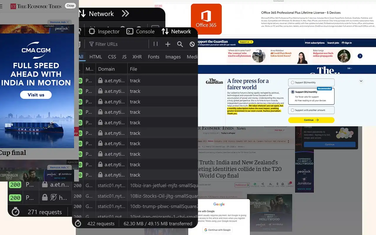 Collage of news websites and network tab request for
NYT